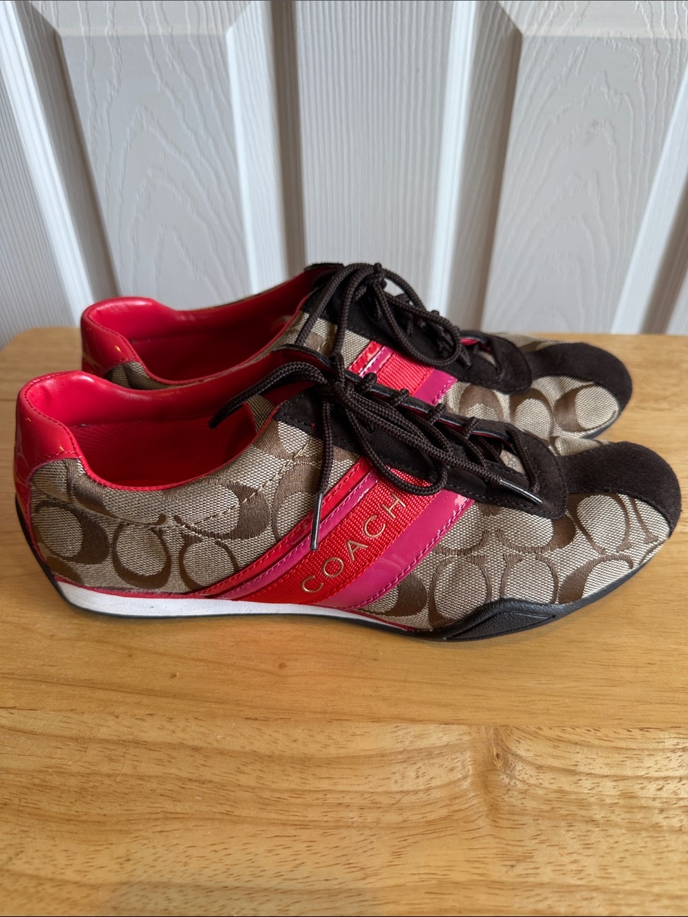 Coach Brown Signature Canvas Sneakers with Pink and Red Accents